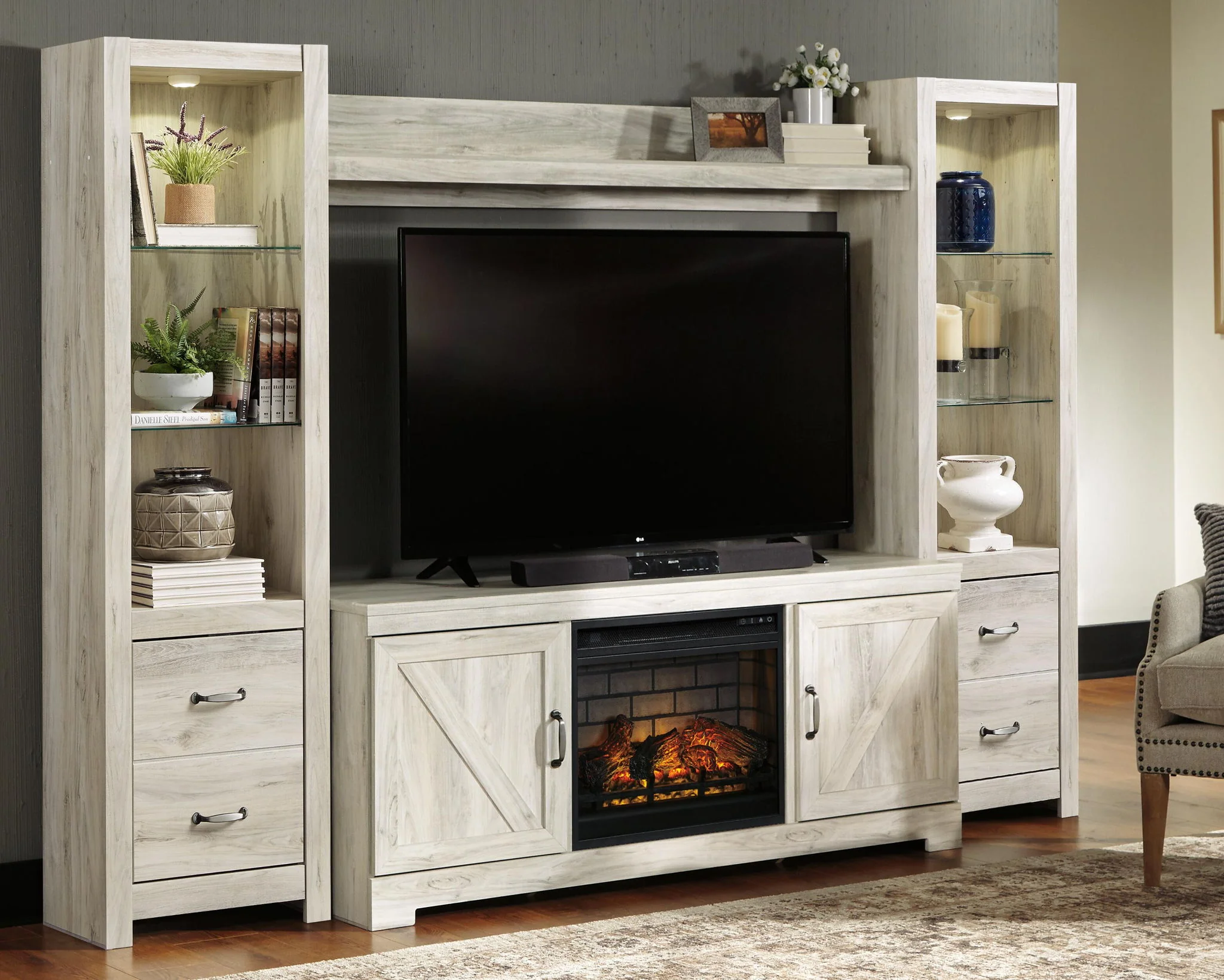Bellaby - Entertainment Center - TV Stand With Faux Firebrick Fireplace Insert - Whitewash - Image 2