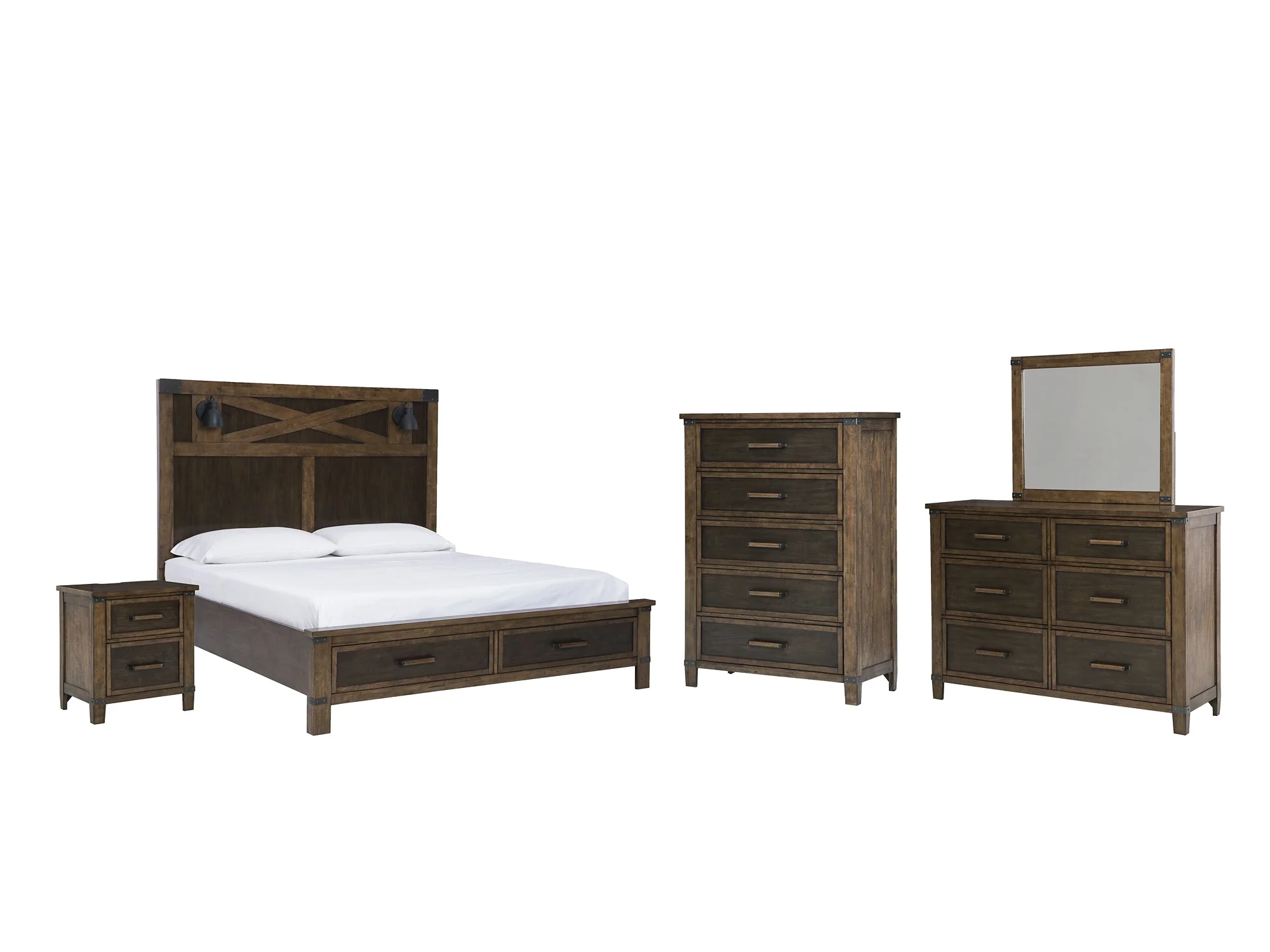 Wyattfield California King Panel Bed with Mirrored Dresser, Chest and Nightstand