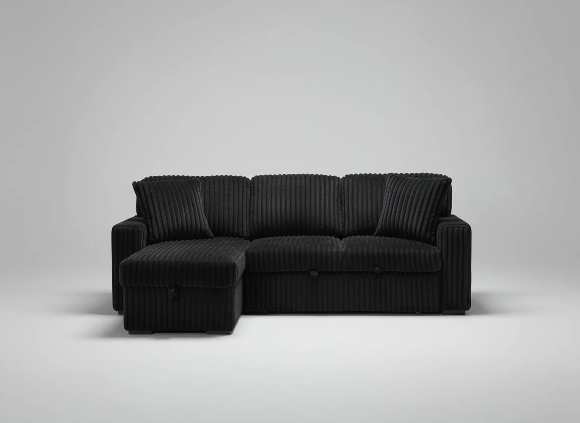 Carnado Black Corduroy Sleeper Sectional with Storage