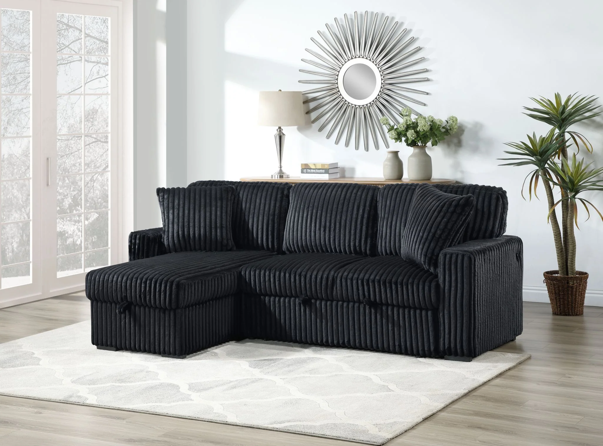 Carnado Black Corduroy Sleeper Sectional with Storage - Image 2