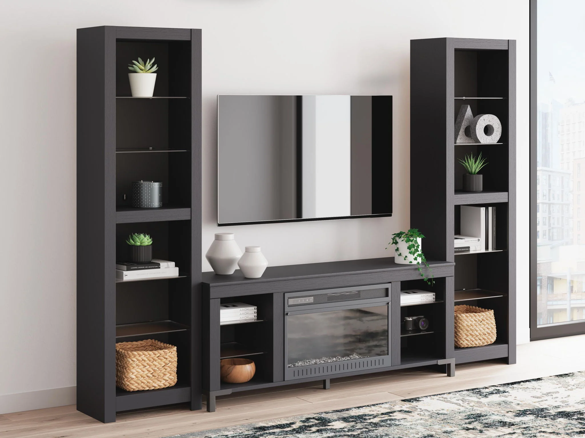 Cayberry - 3-Piece Entertainment Center With Electric Fireplace - Black - Image 3