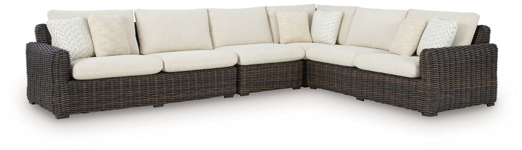 Kimora - 7 Pc. - 4-Piece Outdoor Sectional, Swivel Glider Lounge, Cocktail Table, End Table - Beige / Dark Brown - Image 4