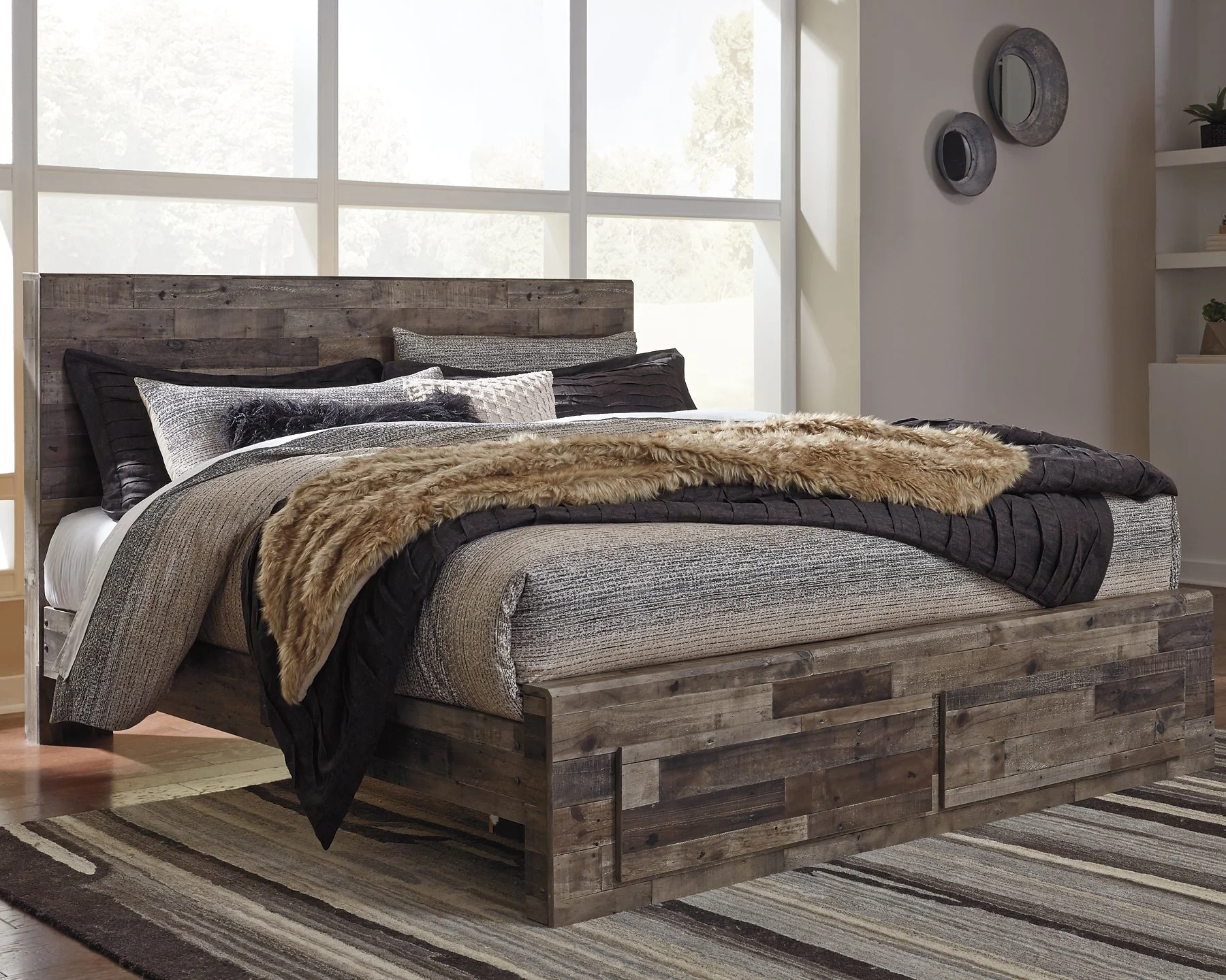 Derekson King Panel Bed with 2 Storage Drawers with Mirrored Dresser - Image 4