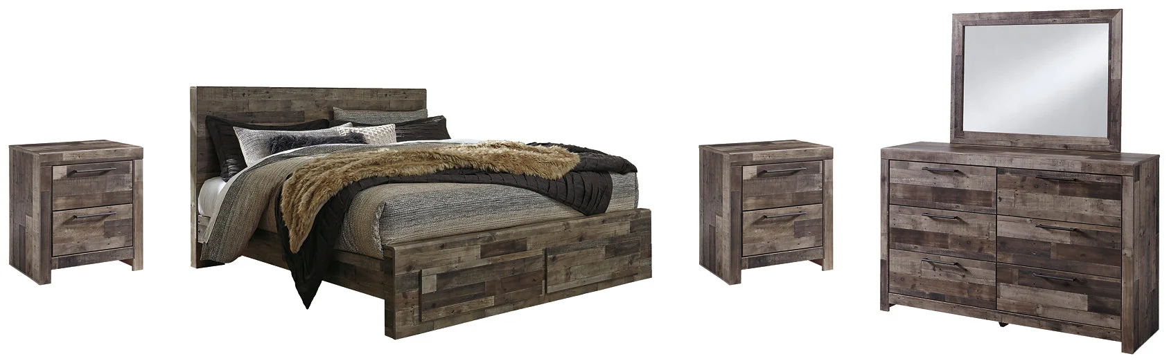 Derekson King Panel Bed with 2 Storage Drawers with Mirrored Dresser and 2 Nightstands - Image 2