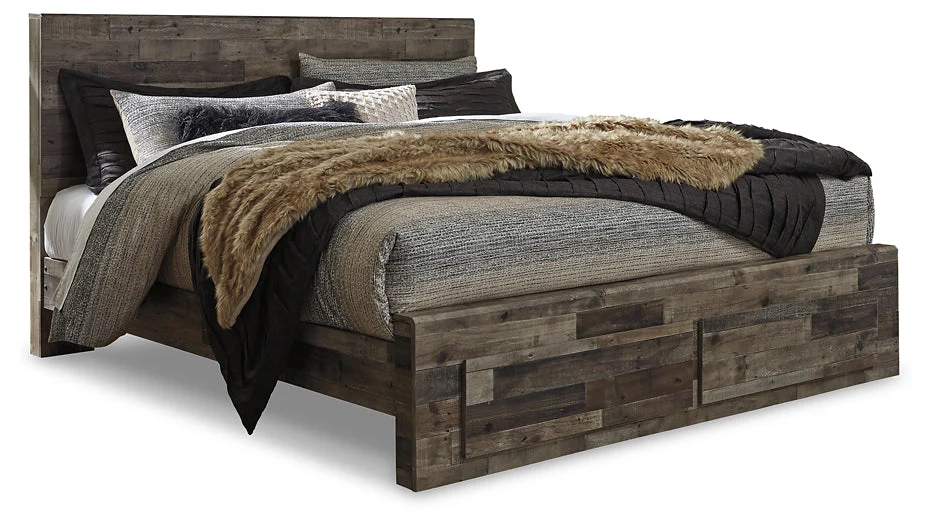 Derekson King Panel Bed with 2 Storage Drawers with Mirrored Dresser and Chest - Image 2