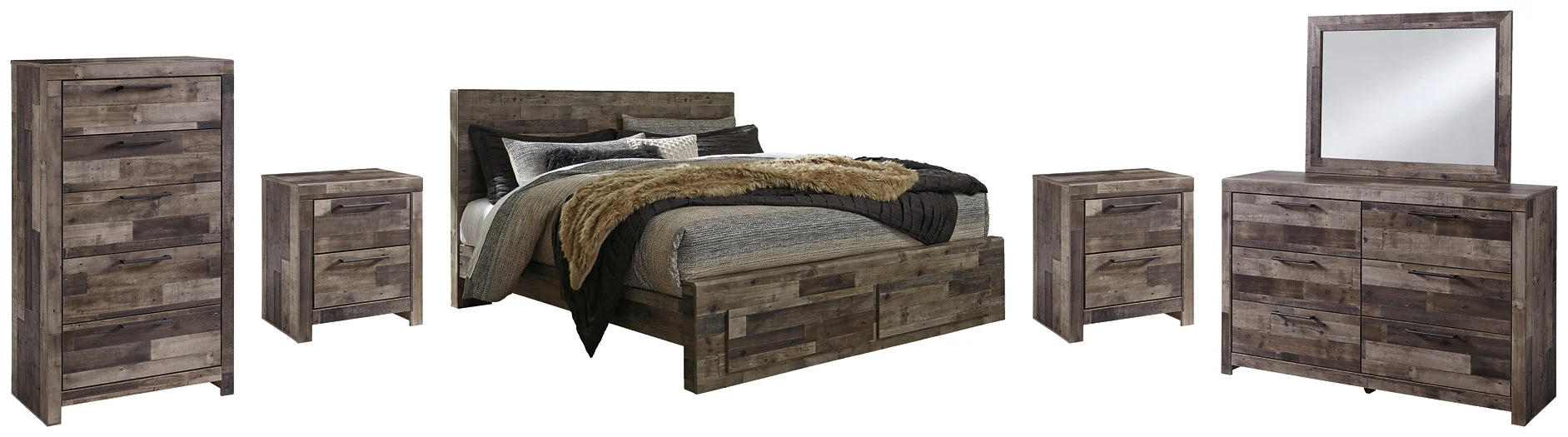 Derekson King Panel Bed with 2 Storage Drawers with Mirrored Dresser, Chest and 2 Nightstands - Image 2
