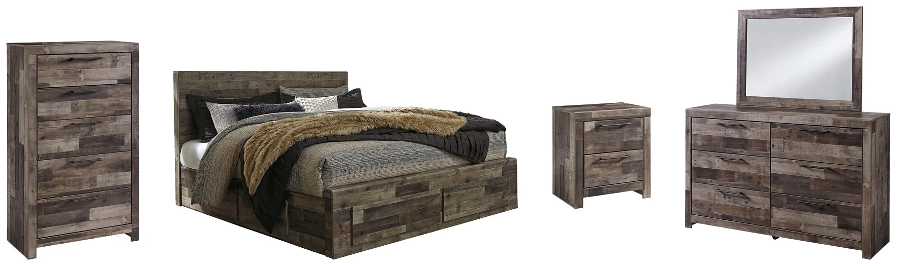 Derekson King Panel Bed with 6 Storage Drawers with Mirrored Dresser, Chest and Nightstand - Image 2