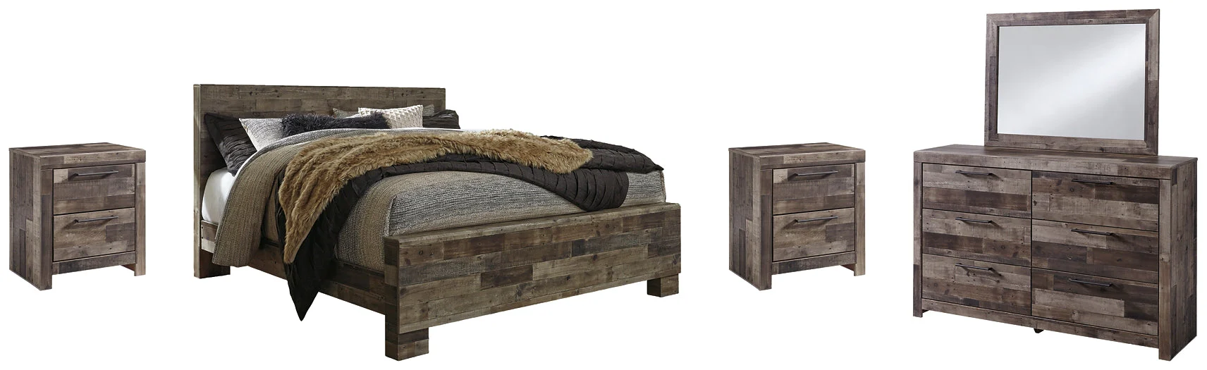 Derekson King Panel Bed with Mirrored Dresser and 2 Nightstands - Image 2