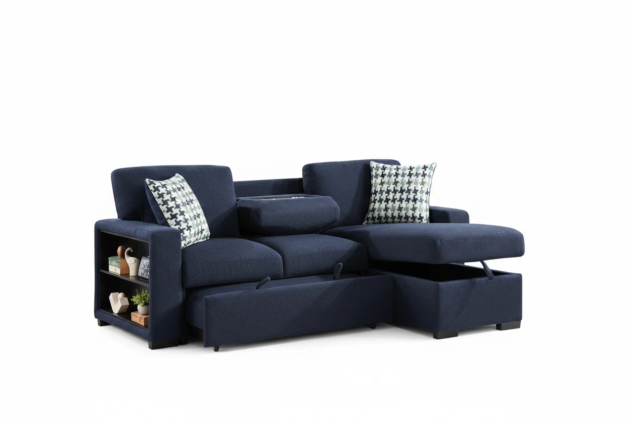 Luke Blue Sleeper Sectional with Storage and Bookshelf - Image 2