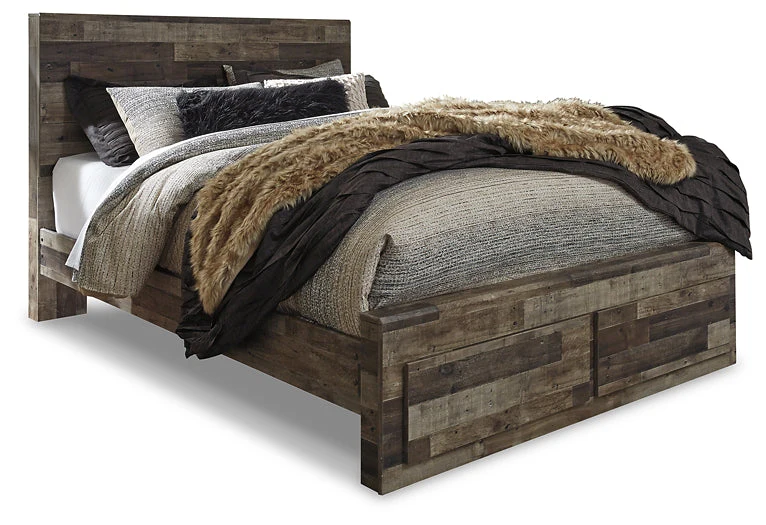 Derekson Queen Panel Bed with 2 Storage Drawers with Mirrored Dresser and Chest - Image 2