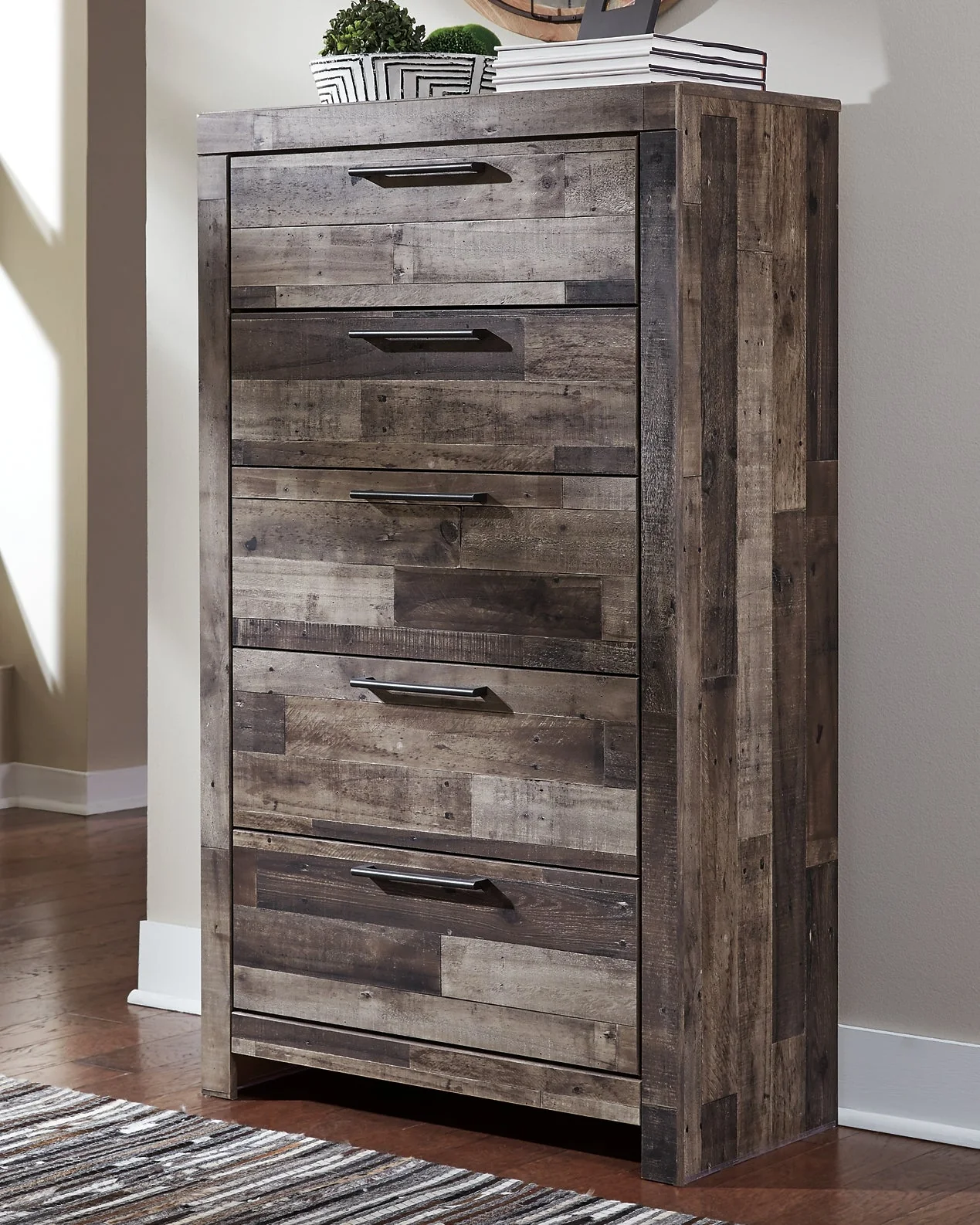 Derekson Queen Panel Bed with 2 Storage Drawers with Mirrored Dresser and Chest - Image 7