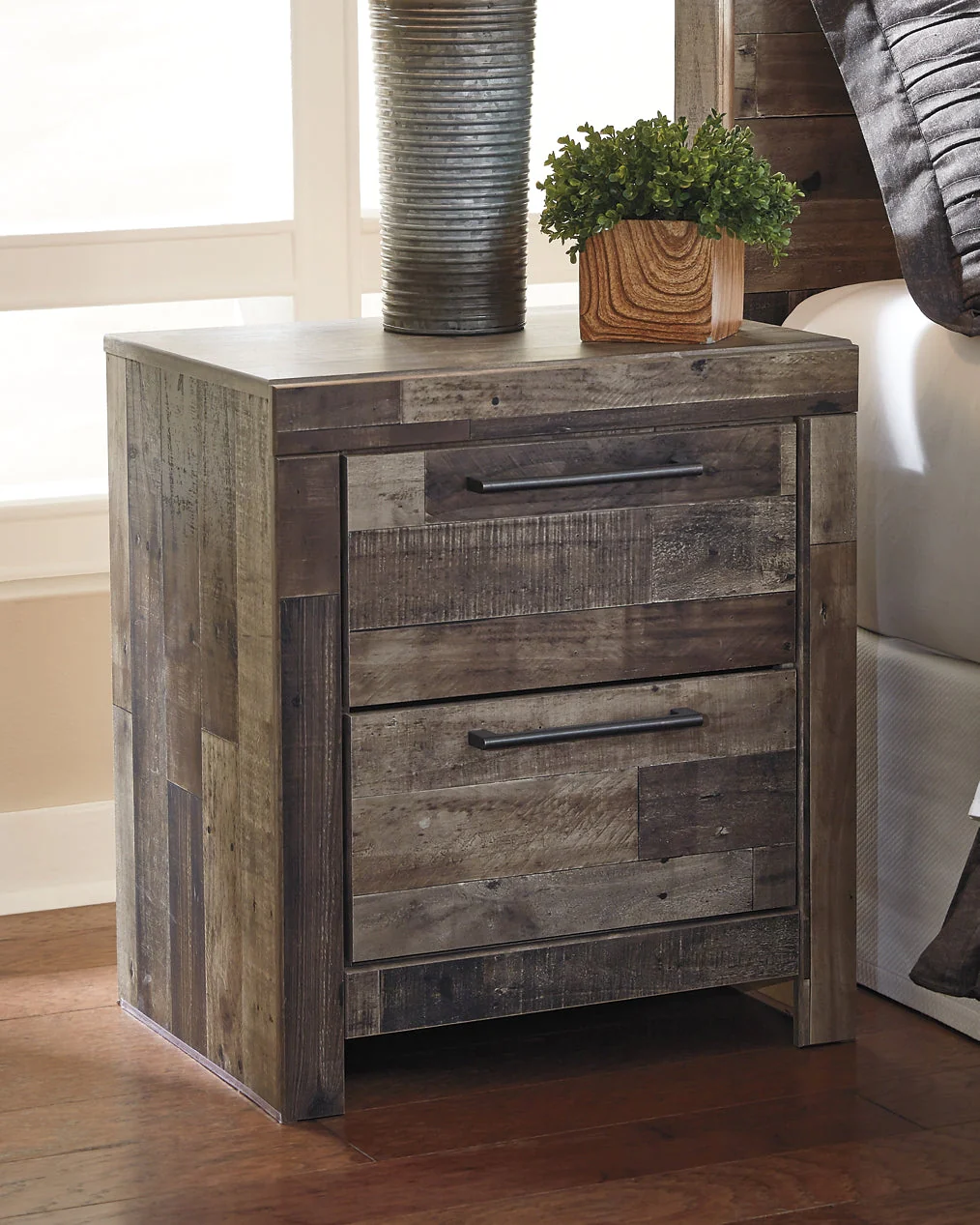 Derekson Queen Panel Bed with 2 Storage Drawers with Mirrored Dresser and Nightstand - Image 8