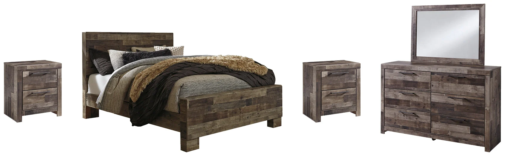 Derekson Queen Panel Bed with Mirrored Dresser and 2 Nightstands - Image 2