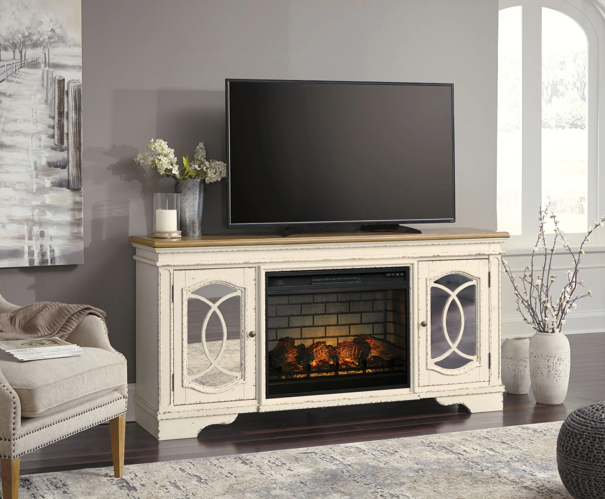 Realyn - 2 Pc. - 74" TV Stand With Electric Infrared Fireplace Insert - Chipped White - Image 4