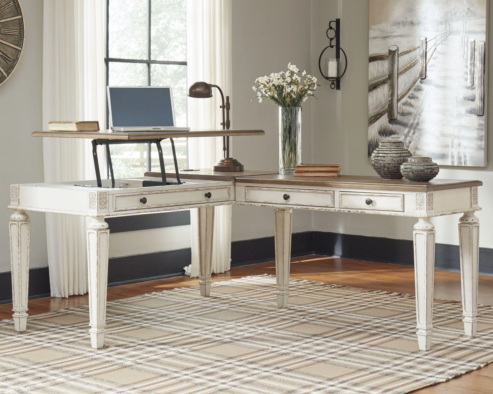 Realyn - L Shaped Desk With Lift Top - White / Brown - Image 4