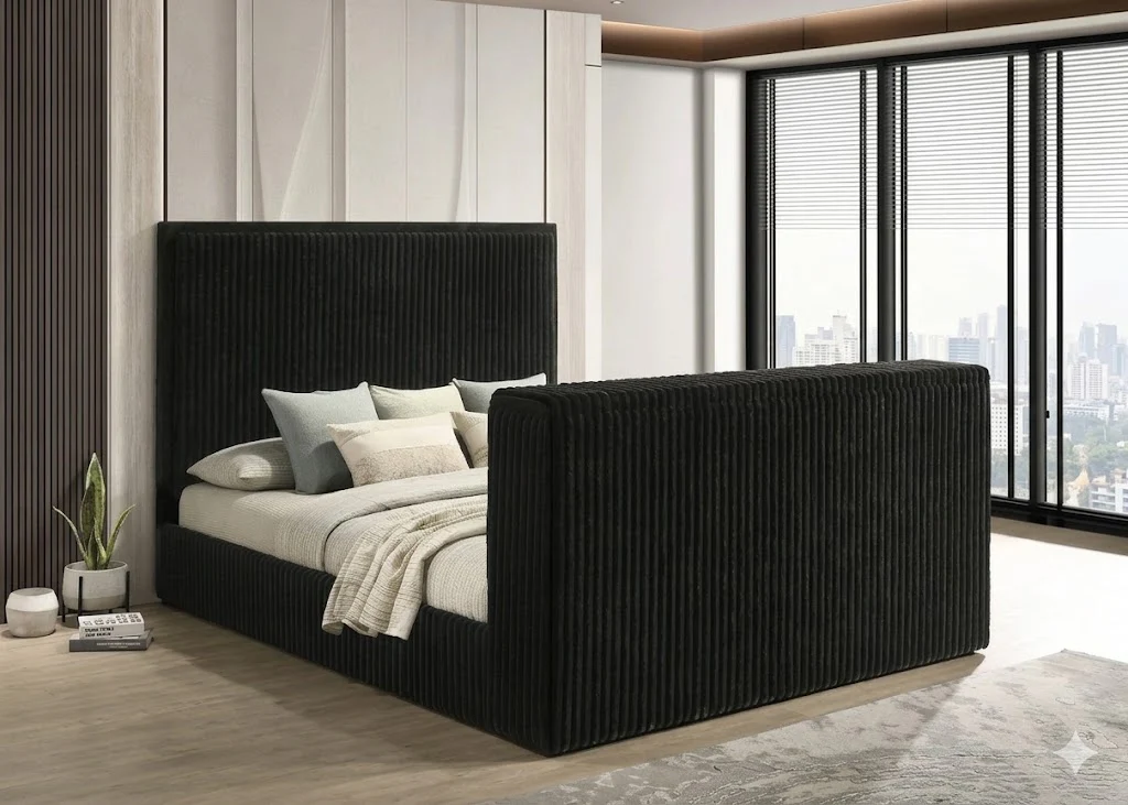 Rebecca Black Bed with Fireplace Display, Bluetooth Speakers, and Electric Pop Out TV Mount