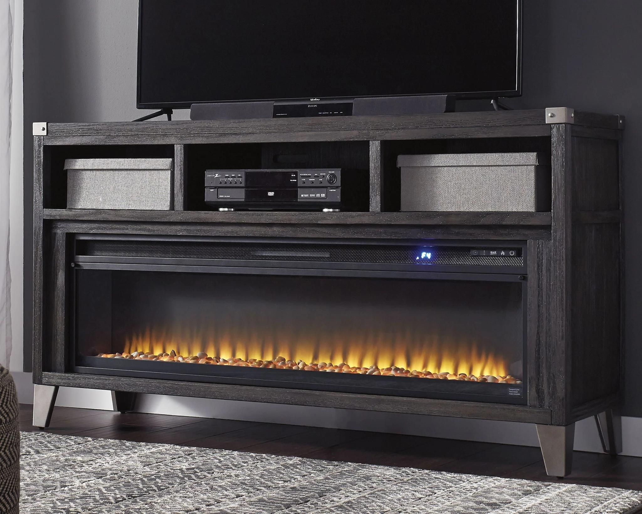 Todoe - 2 Pc. - 65" TV Stand With Wide Fireplace Insert - Gray - Image 4