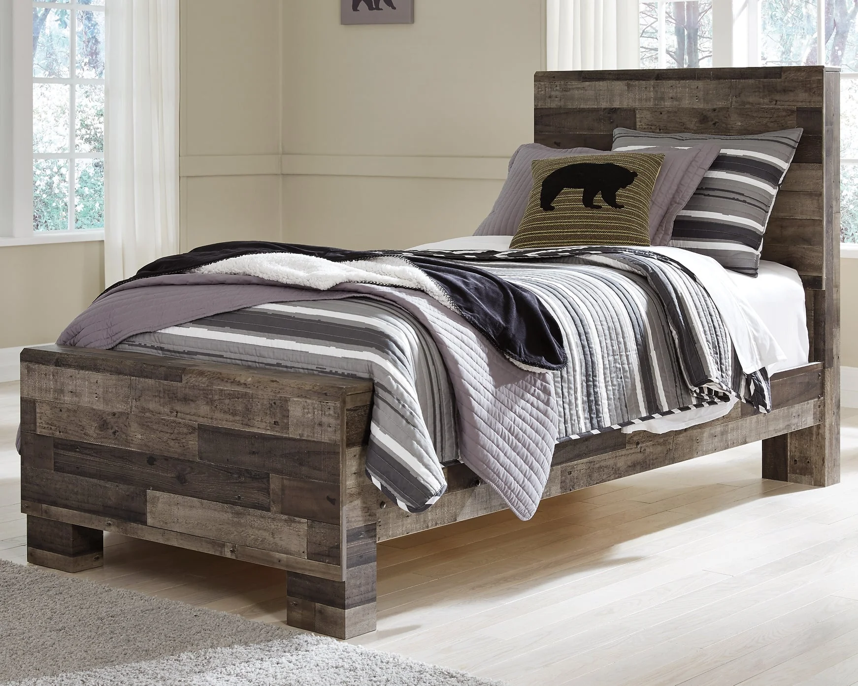 Derekson Twin Panel Bed with Mirrored Dresser and 2 Nightstands - Image 6