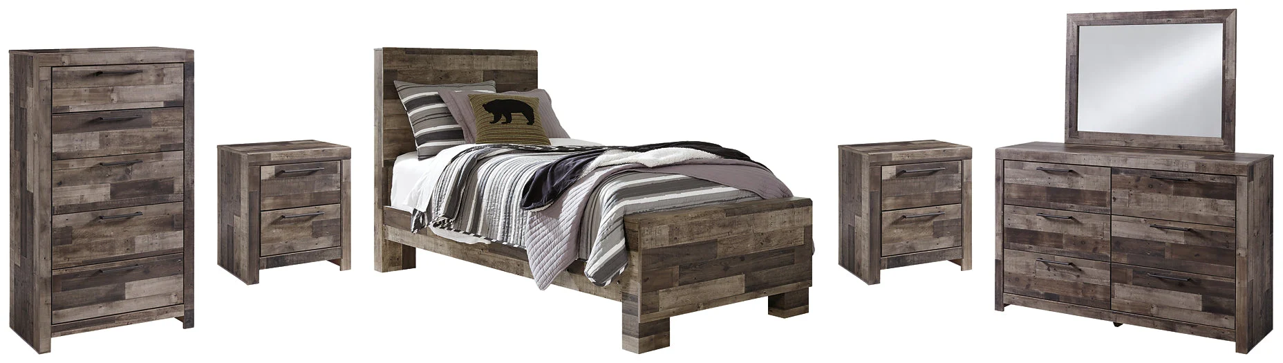 Derekson Twin Panel Bed with Mirrored Dresser, Chest and 2 Nightstands - Image 2