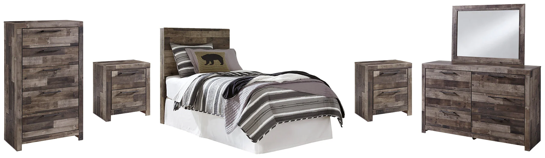Derekson Twin Panel Headboard with Mirrored Dresser, Chest and 2 Nightstands - Image 2